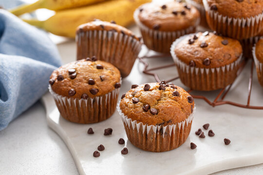 Banana chocolate chip muffins freshly baked and ready to eat