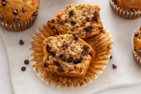 Banana chocolate chip muffins freshly baked and ready to eat