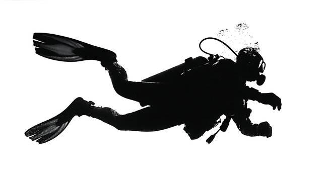 Silhouette of a scuba diver with equipment depicted in a stark black and white style