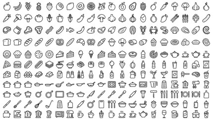 245 food cooking kitchen and drinks linear icon collection with thin outline symbols for restaurant...