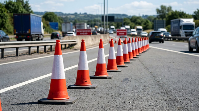 Orange and white traffic cones lined up on asphalt highway to guide vehicles during road construction
