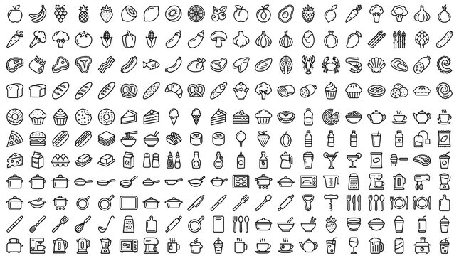 245 food cooking kitchen and drinks linear icon collection with thin outline symbols for restaurant bakery beverage and culinary design