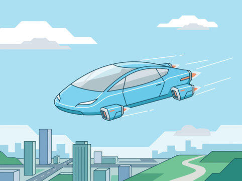 Futuristic blue flying car soaring through the air above a modern city vector illustration.
