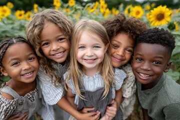 Fototapeta premium Five young children huddle together and smile in a sunflower field