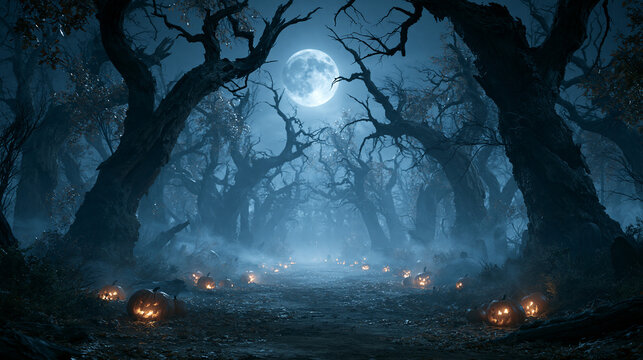 Spooky carved pumpkins glowing inside a haunted forest under a bright full moon on white background
