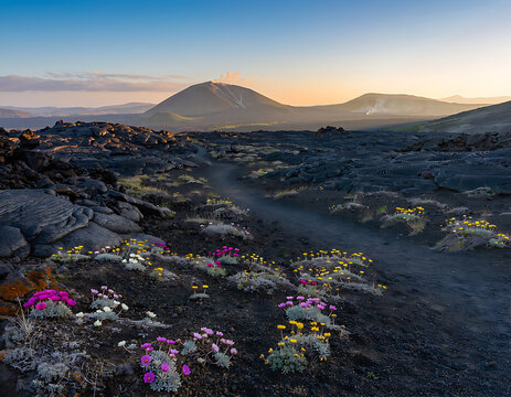 Colorful Wildflowers Blooming Across a Volcanic Landscape at Sunrise