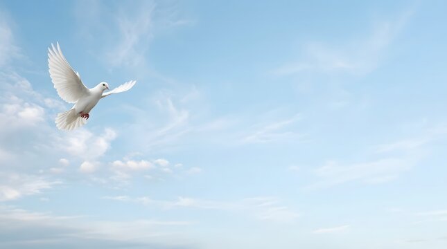 A single white dove flying gracefully through a bright blue sky with soft white clouds and sunlight
