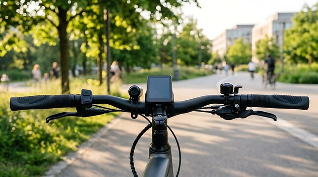 Electric bicycle handlebar with digital display with background trees pedestrians