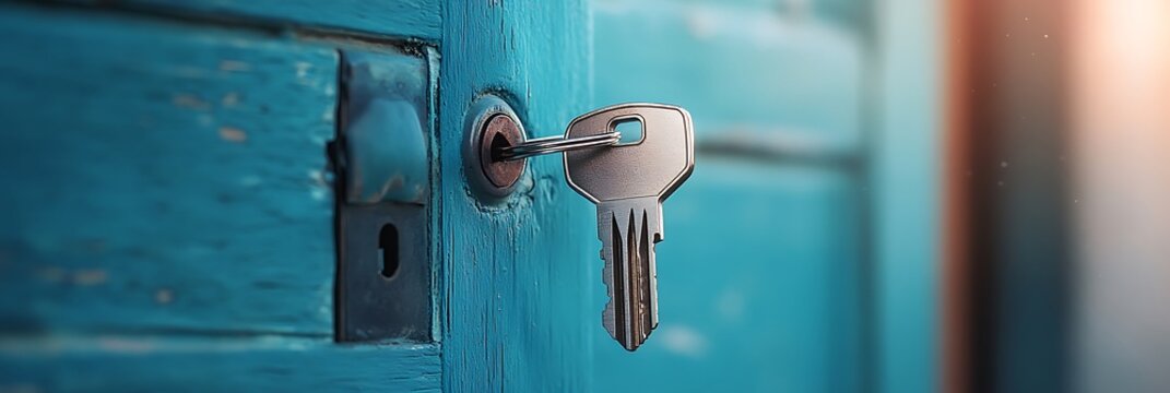 Close up of a silver key inserted into a weathered turquoise wooden door lock security concept
