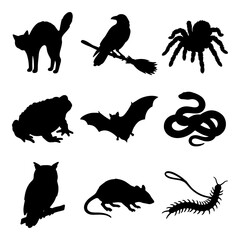 Obraz premium Collection of black animal silhouettes including bat owl cat snake and spider for Halloween patterns.