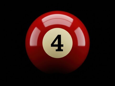 Red billiard ball with number four isolated on black background