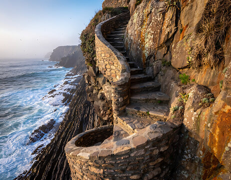Ancient Stone Stairway Along Rugged Coastal Cliff and Ocean