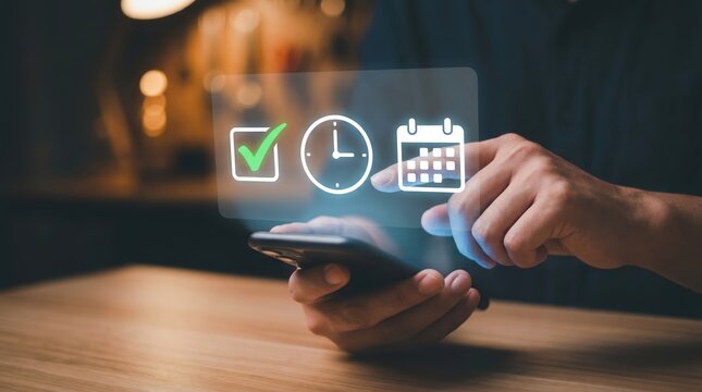 Person using a smartphone with a floating digital interface showing a green checkmark a clock and a calendar symbol for task management and scheduling