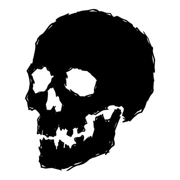Silhouette of a human skull with hollow eye sockets on white background, death symbol.