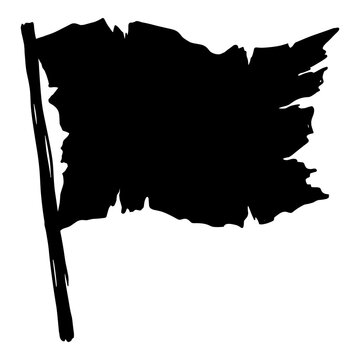 Tattered black flag silhouette on pole symbol for rebellion or historical mystery themes.