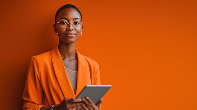 Woman with tablet against orange backdrop