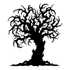 Fototapeta premium Gnarly dead tree silhouette with twisted branches for spooky forest and graveyard backgrounds.