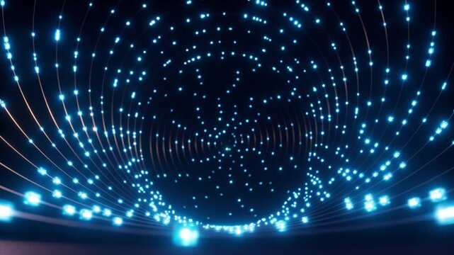 Bright blue lights travel through a swirling tunnel of glowing led cube in this dark abstract digital motion abstract background network display