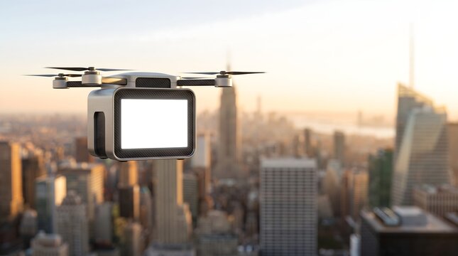 Aerial view of drone carrying blank screen representing futuristic advertising and data delivery with copy space over city.