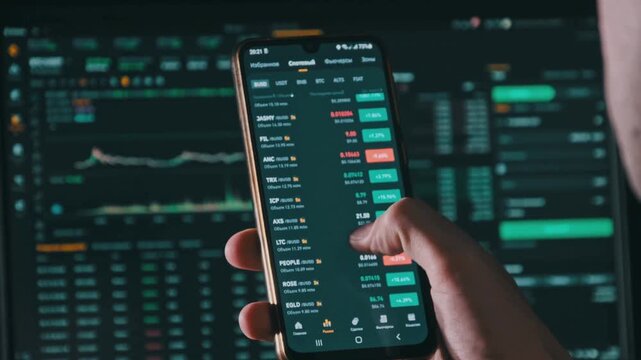 Person checking stock market data on a smartphone