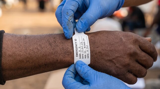 Healthcare worker in blue gloves secures an emergency identification wristband onto the arm of a patient during a medical triage process.
