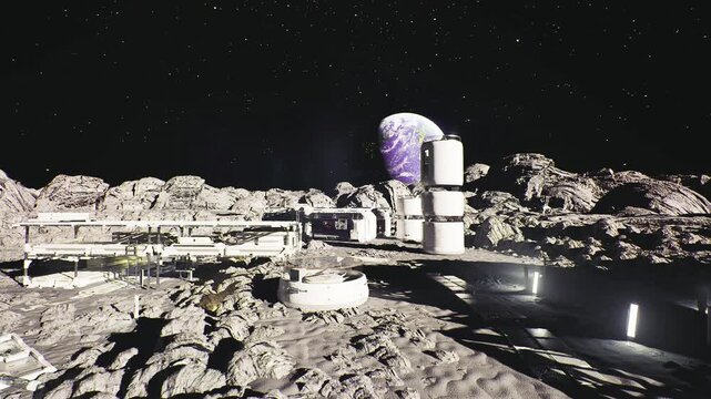 Lunar colony panorama with habitats, hydroponic farms and market modules, community centers and industrial zones coexisting, daily life logistics