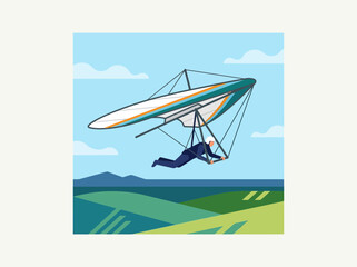 Man hang gliding through the sky with a colorful glider wing.
