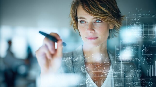 Woman writing on a transparent surface