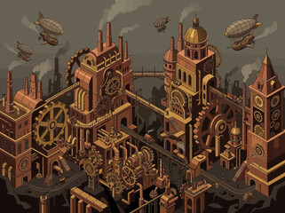Isometric Steampunk Industrial Factory Landscape with Gears Pipes and Flying Airships. © Gilang