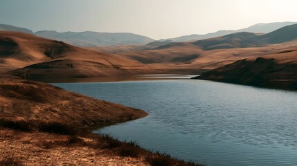 Naklejka premium A calm lake nestled among rolling dry hills under a hazy sky showcasing natural earth tones and serene landscape contours