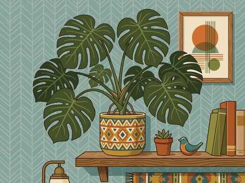 Large Monstera Deliciosa Plant in Decorative Patterned Pot.