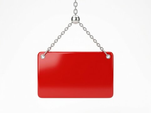 Blank red sign hanging on chains isolated on white background