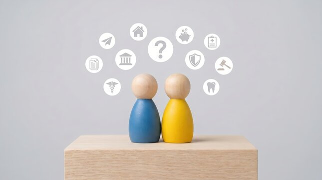 Two wooden peg dolls one blue and one yellow standing on a wooden block against a grey background with floating white circular representing various life choices and services