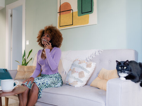 Talking on the Phone While Sitting in a Living Room With a Cat