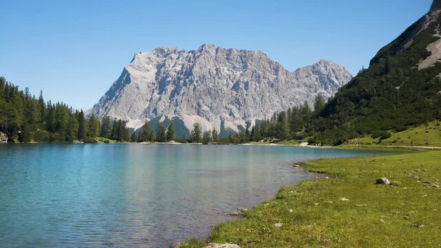 Lakeside scenery of Seebensee with Wetterstein massif in the Alps of Austria