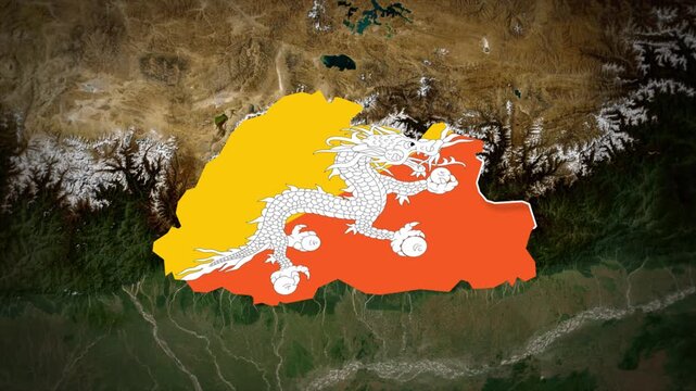 Bhutan Flag Map Animation, Zoom From Space to Bhutan, Asia Country Location Map, Kingdom of Bhutan on Realistic Terrain Background