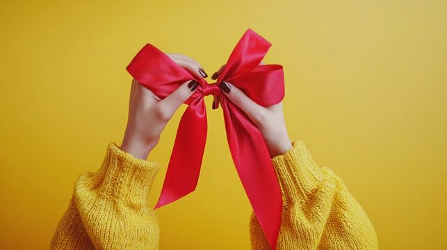 Womans hands tying festive red bow