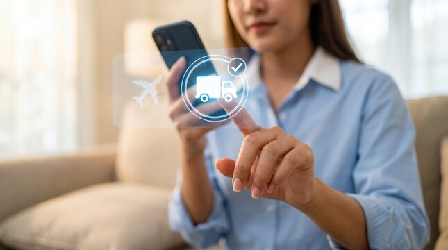 Woman using smartphone with digital delivery truck and airplane mobile phone hand finger