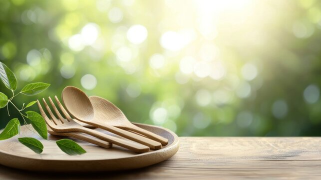 Wooden cutlery on a plate with leaves