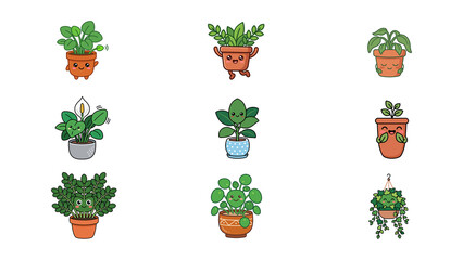 Set of cute cartoon potted plants with happy faces, vector illustration of various indoor houseplants in decorative pots isolated on transparent background