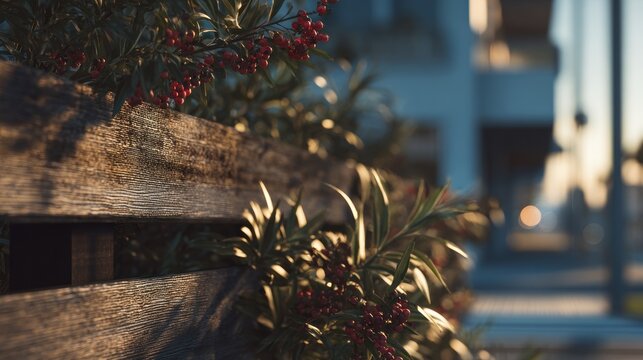 Wooden fence with plant and berries