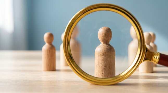 Wooden peg people figures examined under a golden magnifying glass on a wooden surface examination selection