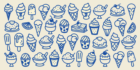 Fototapeta premium An assortment of hand drawn blue line art ice cream and frozen dessert illustrations on a pale background popsicle cone sundae lolly sherbet