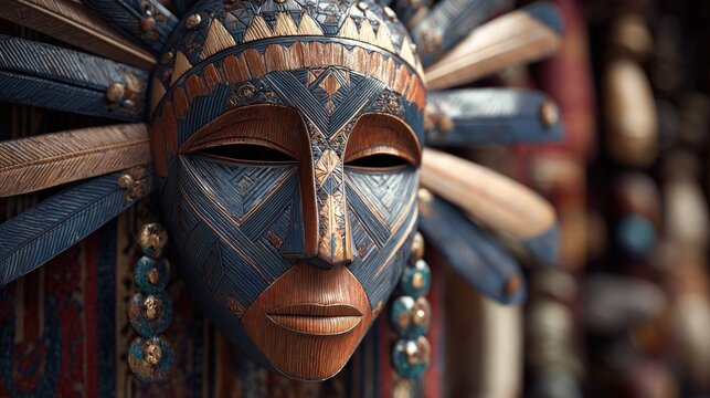 Wooden mask with detailed tribal designs