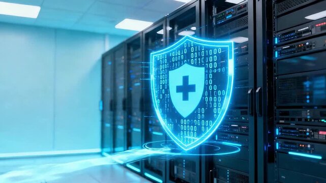 Cyber security shield hologram in server room with glowing cloud data network and copy space