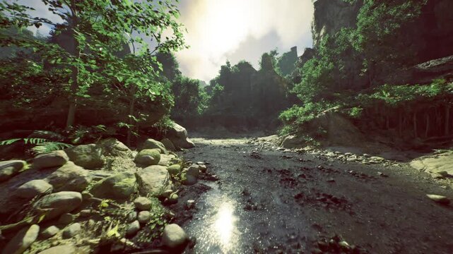 broad upstream view with distant ridgeline and treecovered valley, river threading through sunlit canopy, expansive perspective ideal for adventure, travel