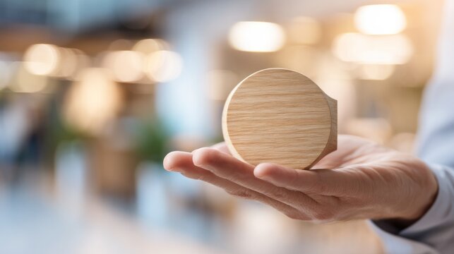 Wooden piece in a hand with copy space