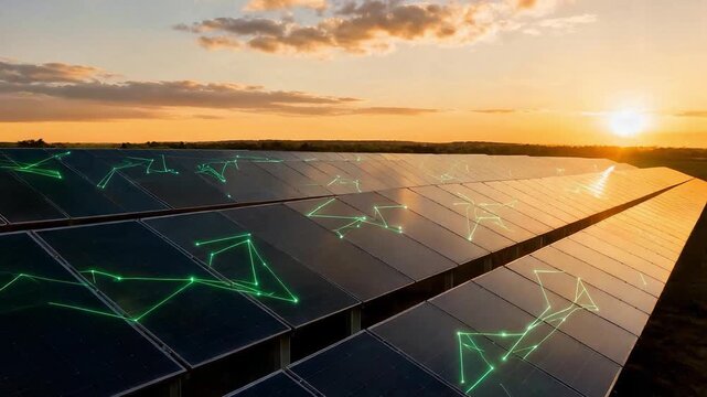 Aerial drone view of modern solar panel farm at sunset with smart energy network overlay and copy space