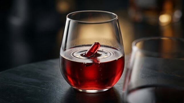 Red pill dropping into glass of red wine, creating ripples. Metaphor for medication and alcohol danger.