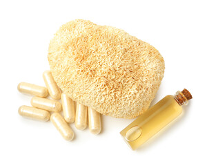 Functional mushroom, oil and pills isolated on white, top view © New Africa